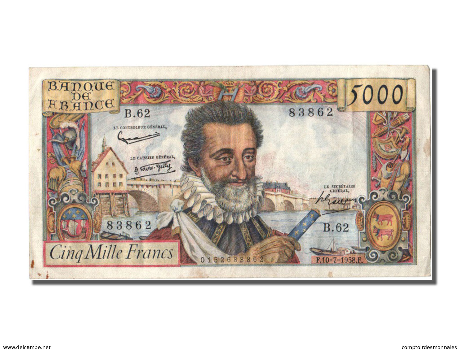 Billet, France, 5000 Francs, 5 000 F 1957-1958 ''Henri IV'', 1958, 1958-07-10 - 5 000 F 1957-1958 ''Hendrik IV'' Van Frankrijk