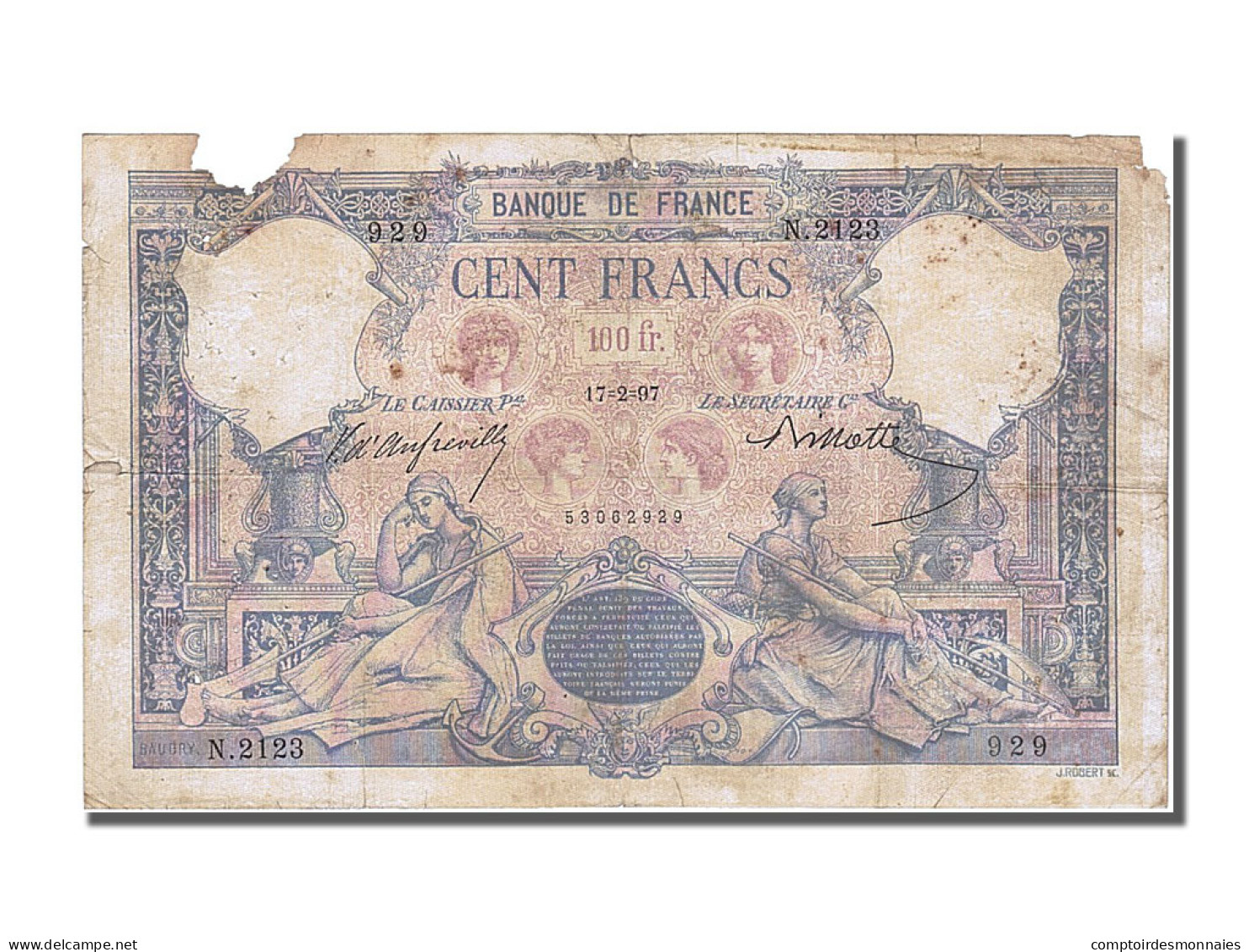 Billet, France, 100 Francs, 100 F 1888-1909 ''Bleu Et Rose'', 1897, 1897-02-17 - 100 F 1888-1909 ''Bleu Et Rose''