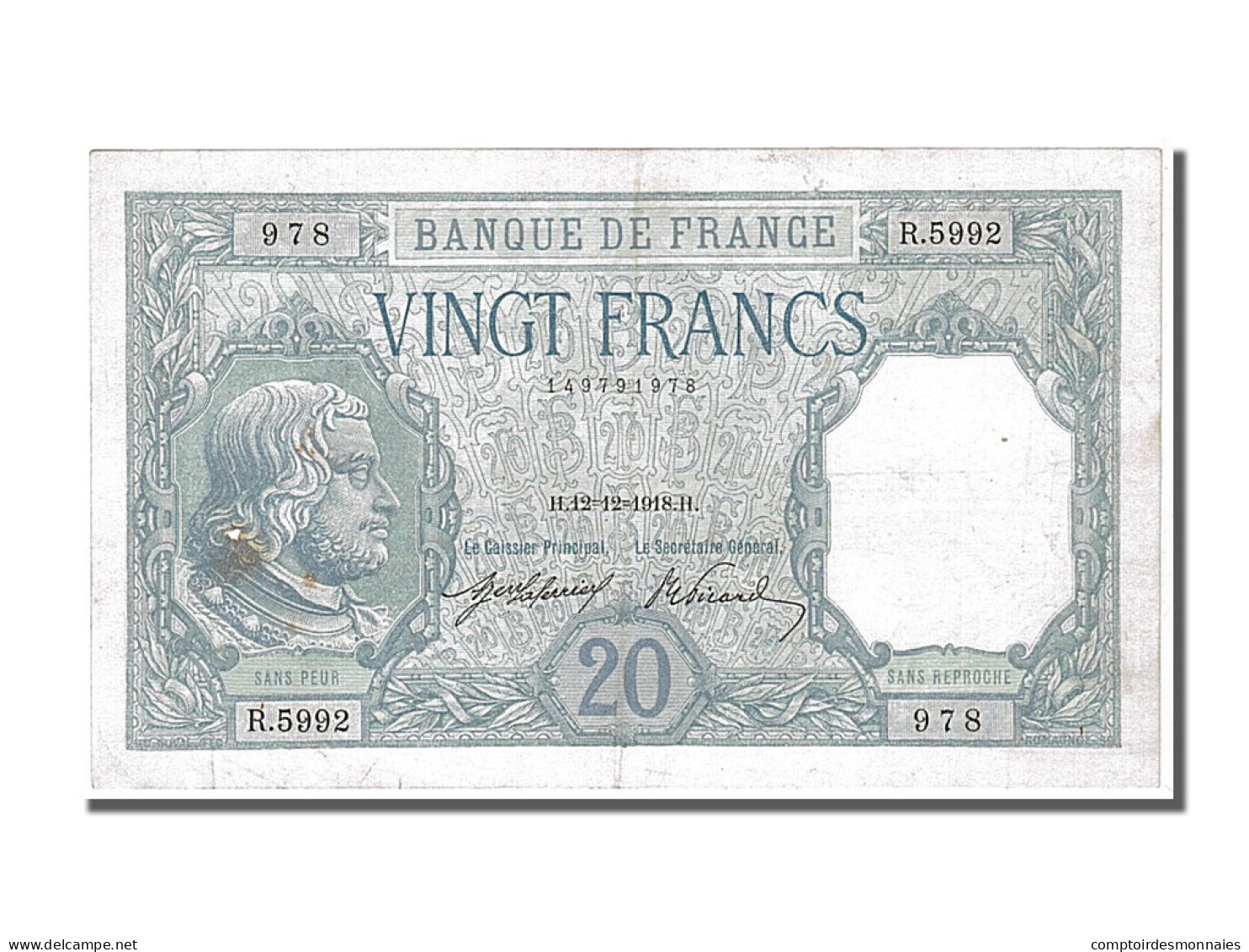 Billet, France, 20 Francs, 20 F 1916-1919 ''Bayard'', 1918, 1918-12-12, TTB+ - 20 F 1916-1919 ''Bayard''