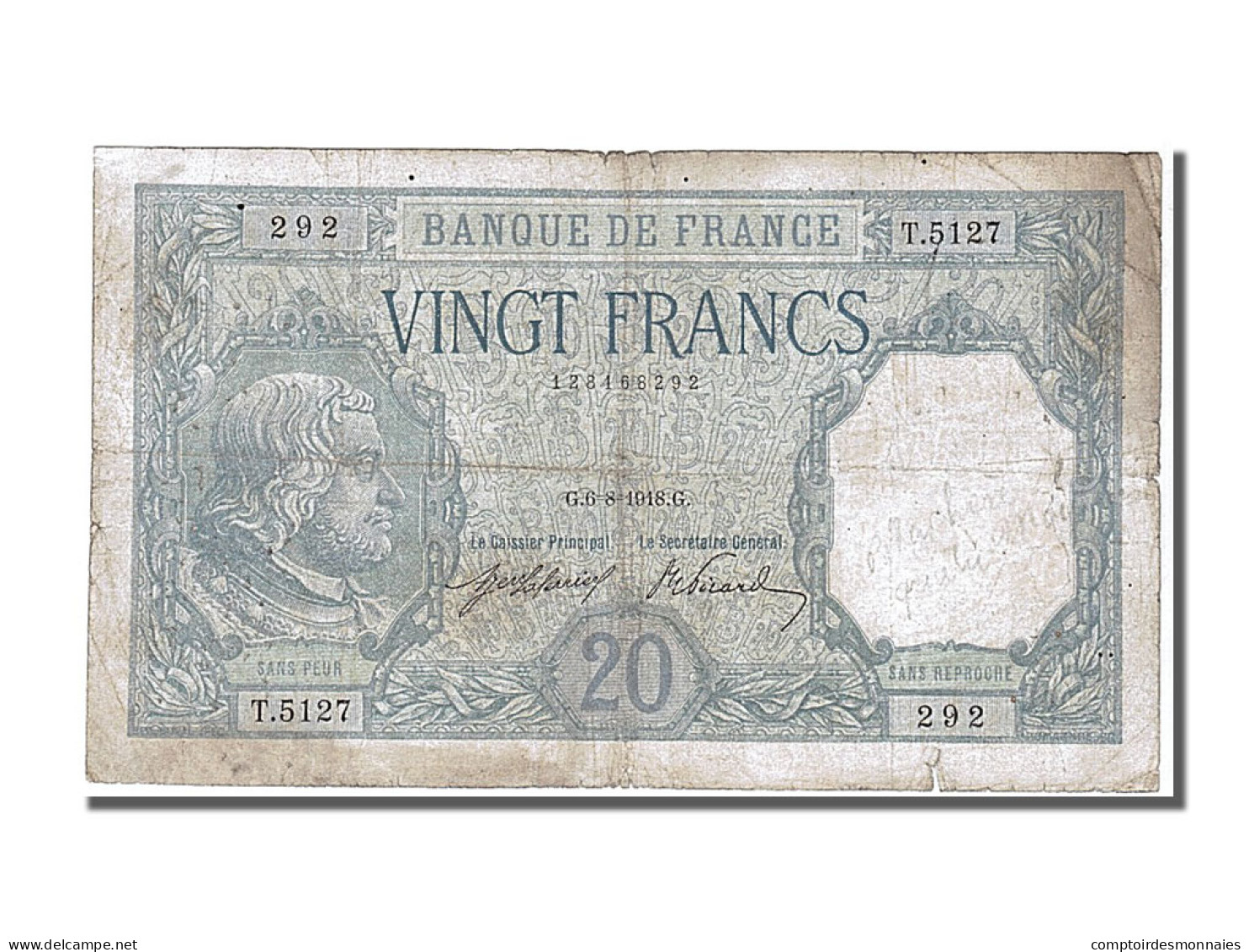 Billet, France, 20 Francs, 20 F 1916-1919 ''Bayard'', 1918, 1918-08-06, TB+ - 20 F 1916-1919 ''Bayard''