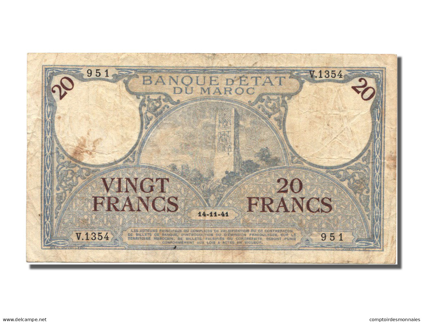 Billet, Maroc, 20 Francs, 1941, 1941-11-14, TTB - Marokko