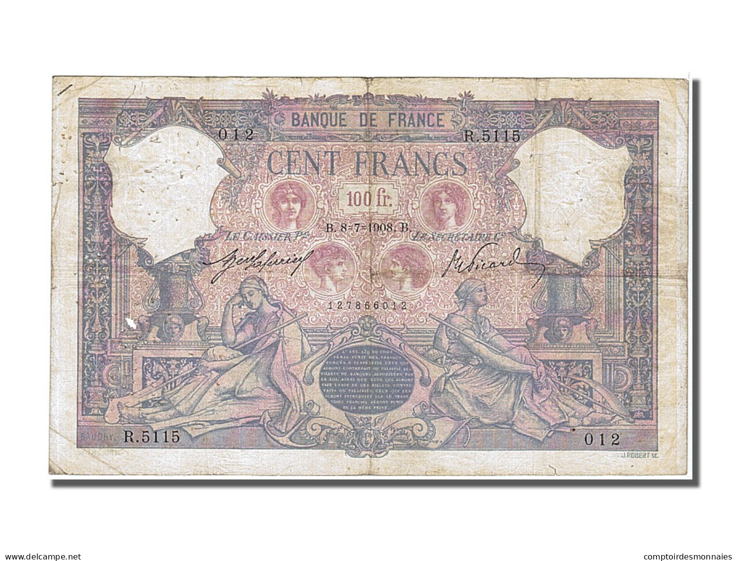 Billet, France, 100 Francs, 100 F 1888-1909 ''Bleu Et Rose'', 1908, 1908-07-08 - 100 F 1888-1909 ''Bleu Et Rose''