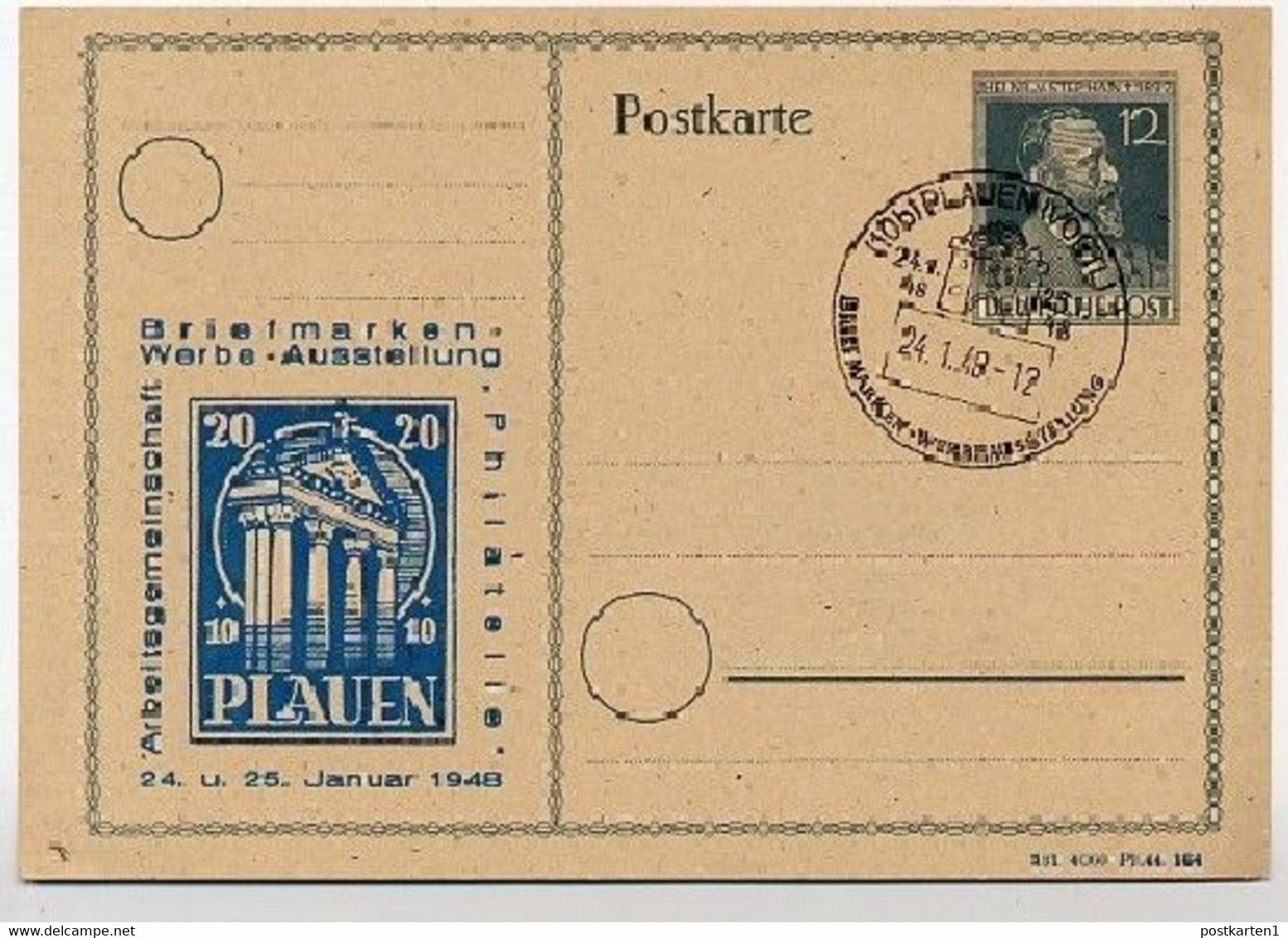 P965 ZC/01 Postkarte ZUDRUCK Ausstellung PLAUEN 1948  Kat. 10,00€ - Interi Postali