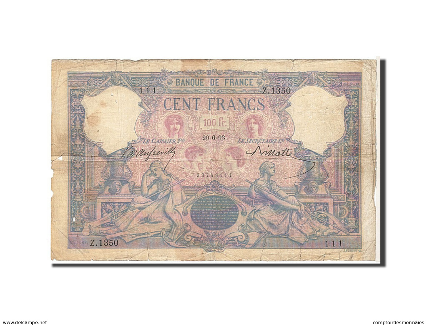 Billet, France, 100 Francs, 100 F 1888-1909 ''Bleu Et Rose'', 1893, 1893-06-20 - 100 F 1888-1909 ''Bleu Et Rose''