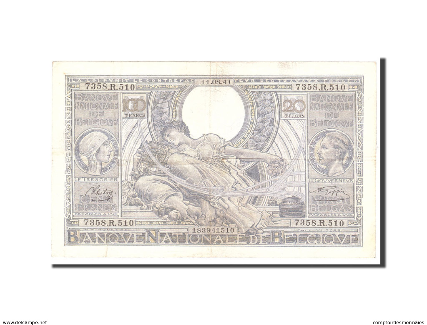 Billet, Belgique, 100 Francs-20 Belgas, 1941, 1941-08-11, KM:107, TTB - 100 Francs & 100 Francs-20 Belgas