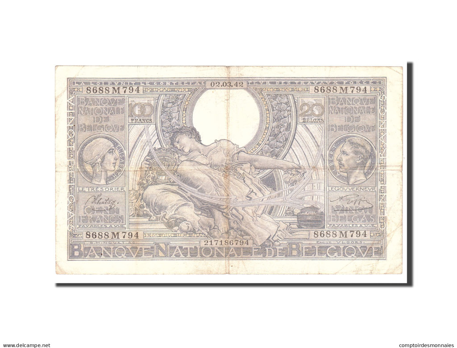 Billet, Belgique, 100 Francs-20 Belgas, 1942, 1942-03-02, KM:107, TB+ - 100 Francos & 100 Francos-20 Belgas