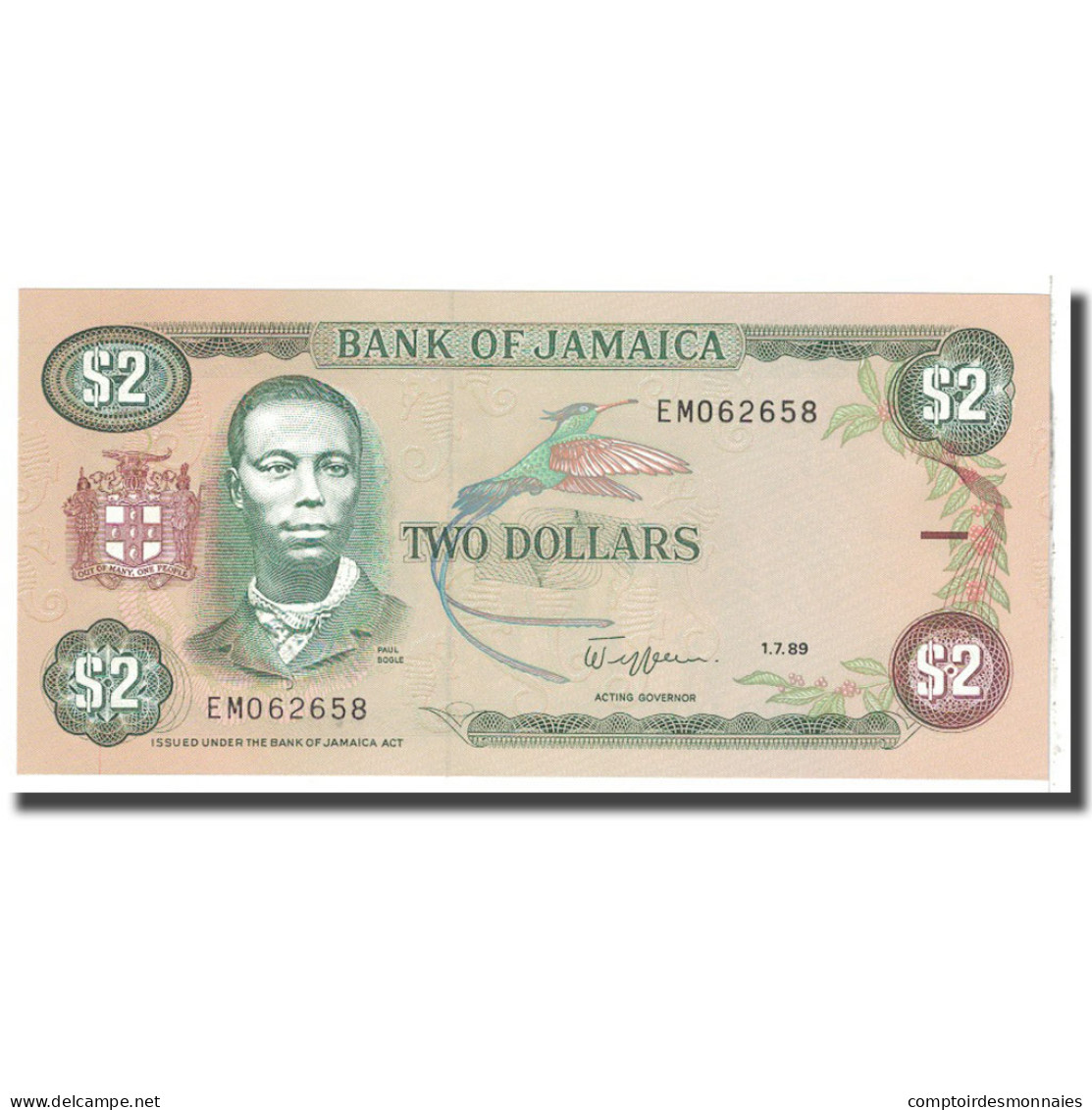 Billet, Jamaica, 2 Dollars, 1989, 1989-07-01, KM:69c, NEUF - Jamaique