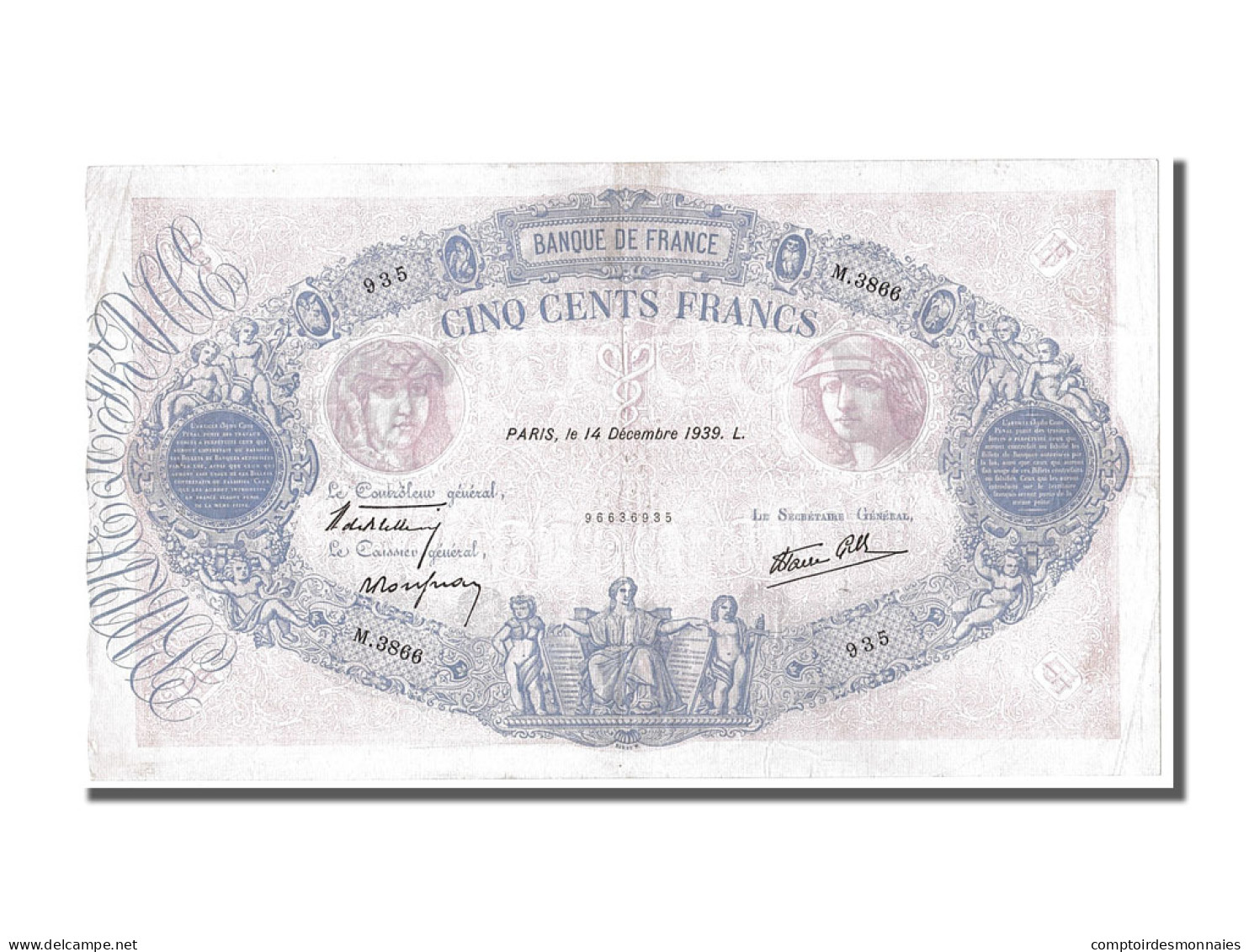 Billet, France, 500 Francs, 500 F 1888-1940 ''Bleu Et Rose'', 1939, 1939-12-14 - 500 F 1888-1940 ''Bleu Et Rose''