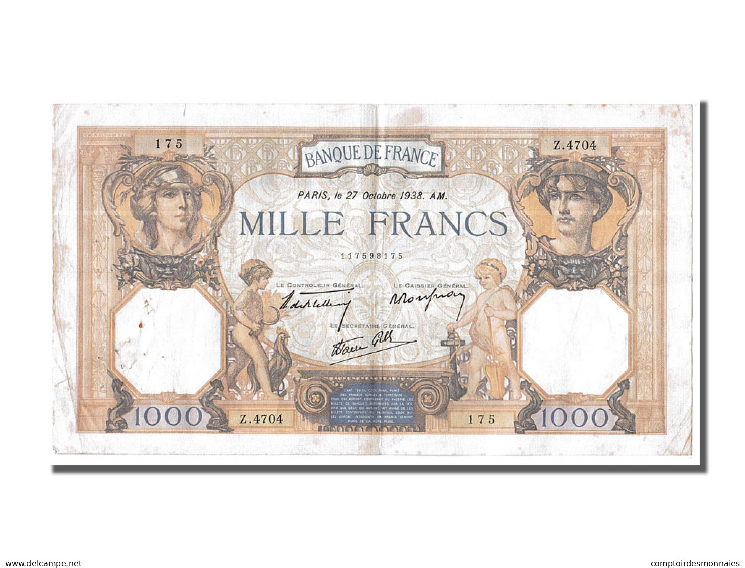 Billet, France, 500 Francs, 1 000 F 1927-1940 ''Cérès Et Mercure'', 1938 - 1 000 F 1927-1940 ''Cérès Et Mercure''