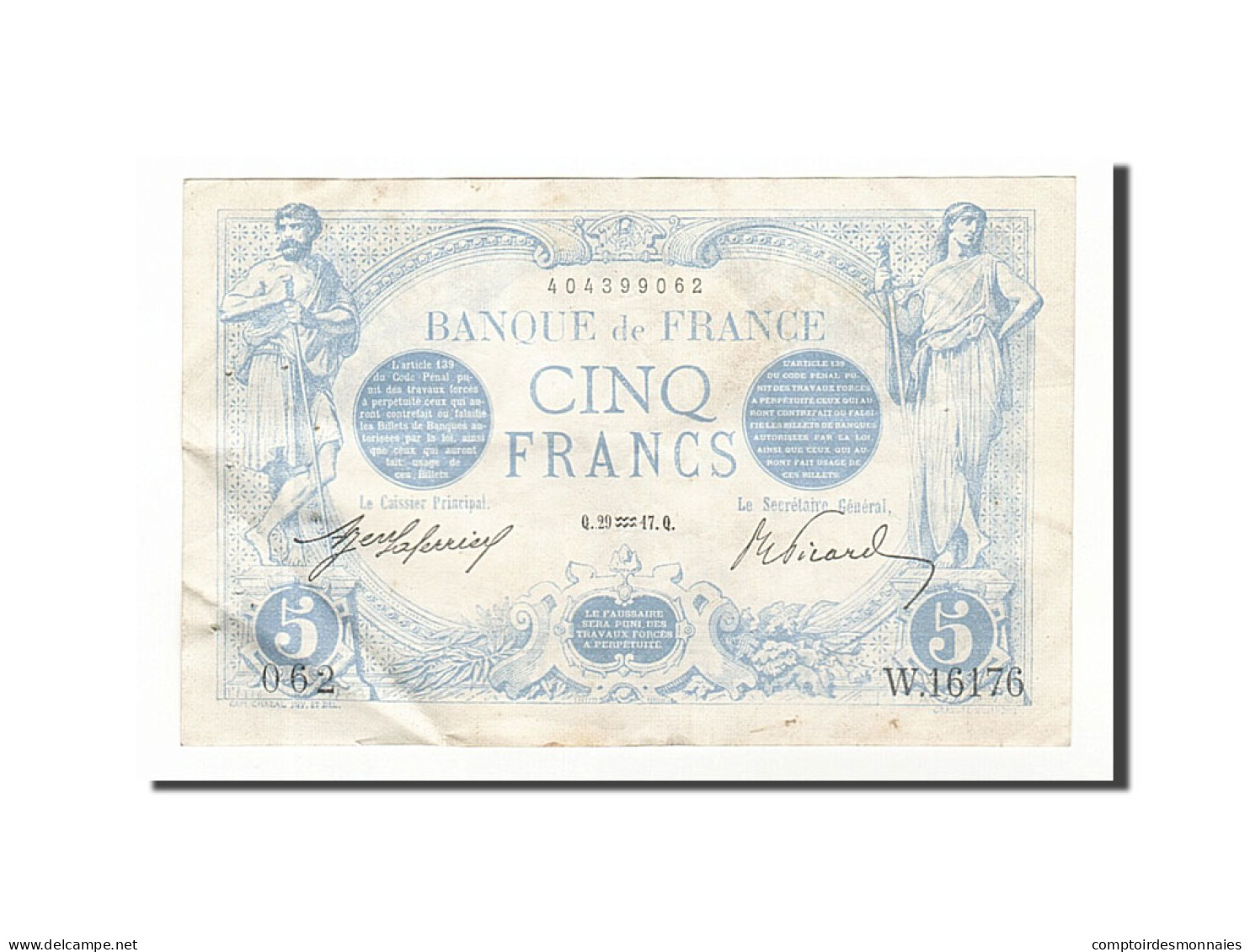 Billet, France, 5 Francs, 5 F 1912-1917 ''Bleu'', 1917, 1917-01-29, TTB - 5 F 1912-1917 ''Bleu''