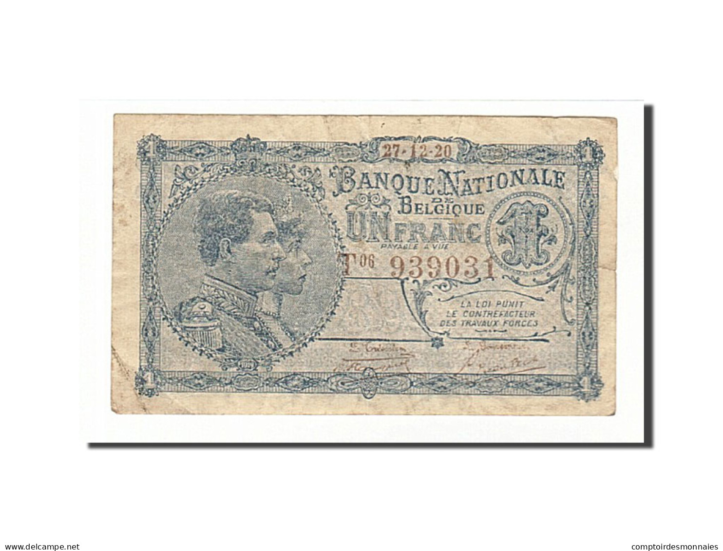 Billet, Belgique, 1 Franc, 1920, 1920-12-27, KM:92, TB - 1 Franco
