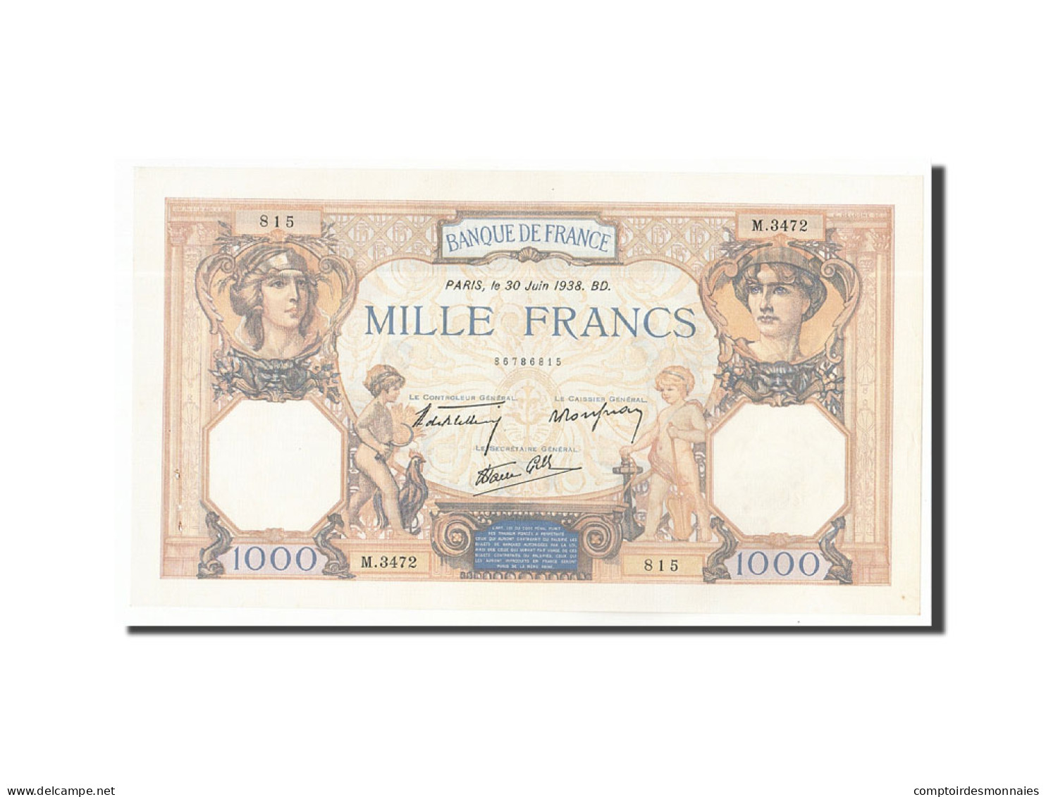 Billet, France, 1000 Francs, 1938, 1938-06-30, SUP+, Fayette:38.21, KM:90c - 1 000 F 1927-1940 ''Cérès Et Mercure''