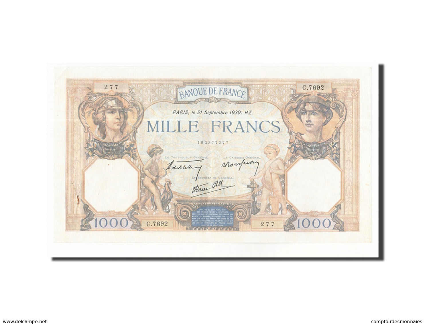 Billet, France, 1000 Francs, 1939, 1939-09-21, TTB+, Fayette:38.37, KM:90c - 1 000 F 1927-1940 ''Cérès Et Mercure''