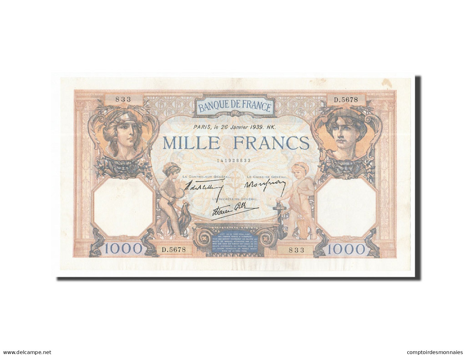 Billet, France, 1000 Francs, 1939, 1939-01-26, TTB+, Fayette:38.33, KM:90c - 1 000 F 1927-1940 ''Cérès Et Mercure''