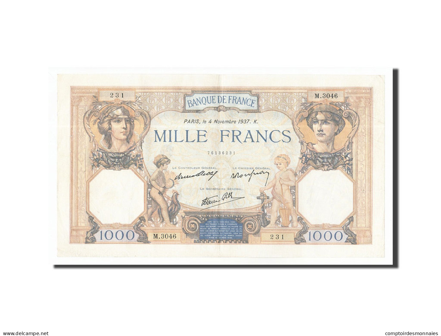 Billet, France, 1000 Francs, 1937, 1937-11-04, TTB+, Fayette:38.4, KM:90b - 1 000 F 1927-1940 ''Cérès Et Mercure''