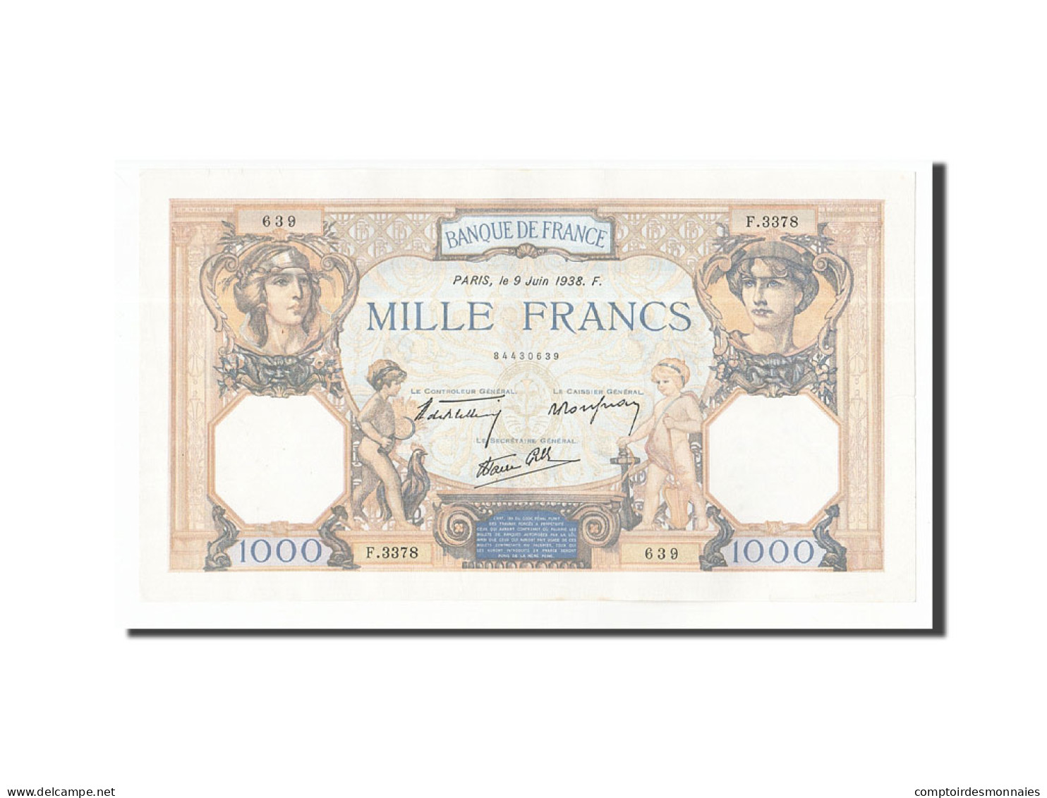 Billet, France, 1000 Francs, 1938, 1938-06-09, TTB+, Fayette:38.18, KM:90c - 1 000 F 1927-1940 ''Cérès E Mercure''