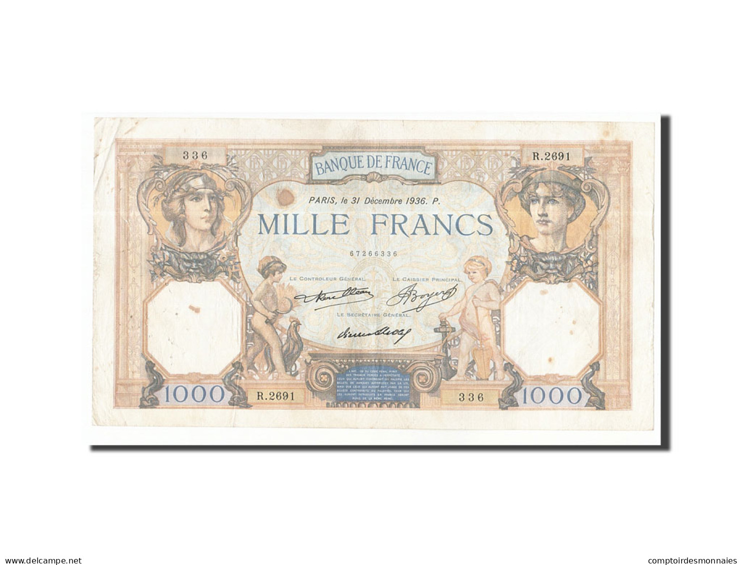 Billet, France, 1000 Francs, 1936, 1936-12-31, TB+, Fayette:37.9, KM:79c - 1 000 F 1927-1940 ''Cérès Et Mercure''