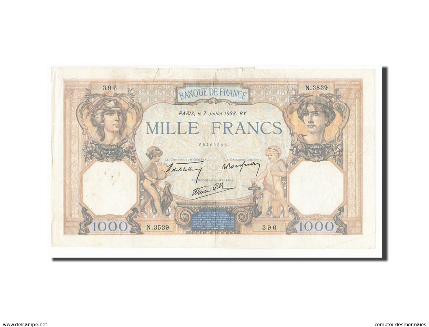 Billet, France, 1000 Francs, 1938, 1938-07-07, TB+, Fayette:38.22, KM:90c - 1 000 F 1927-1940 ''Cérès Et Mercure''