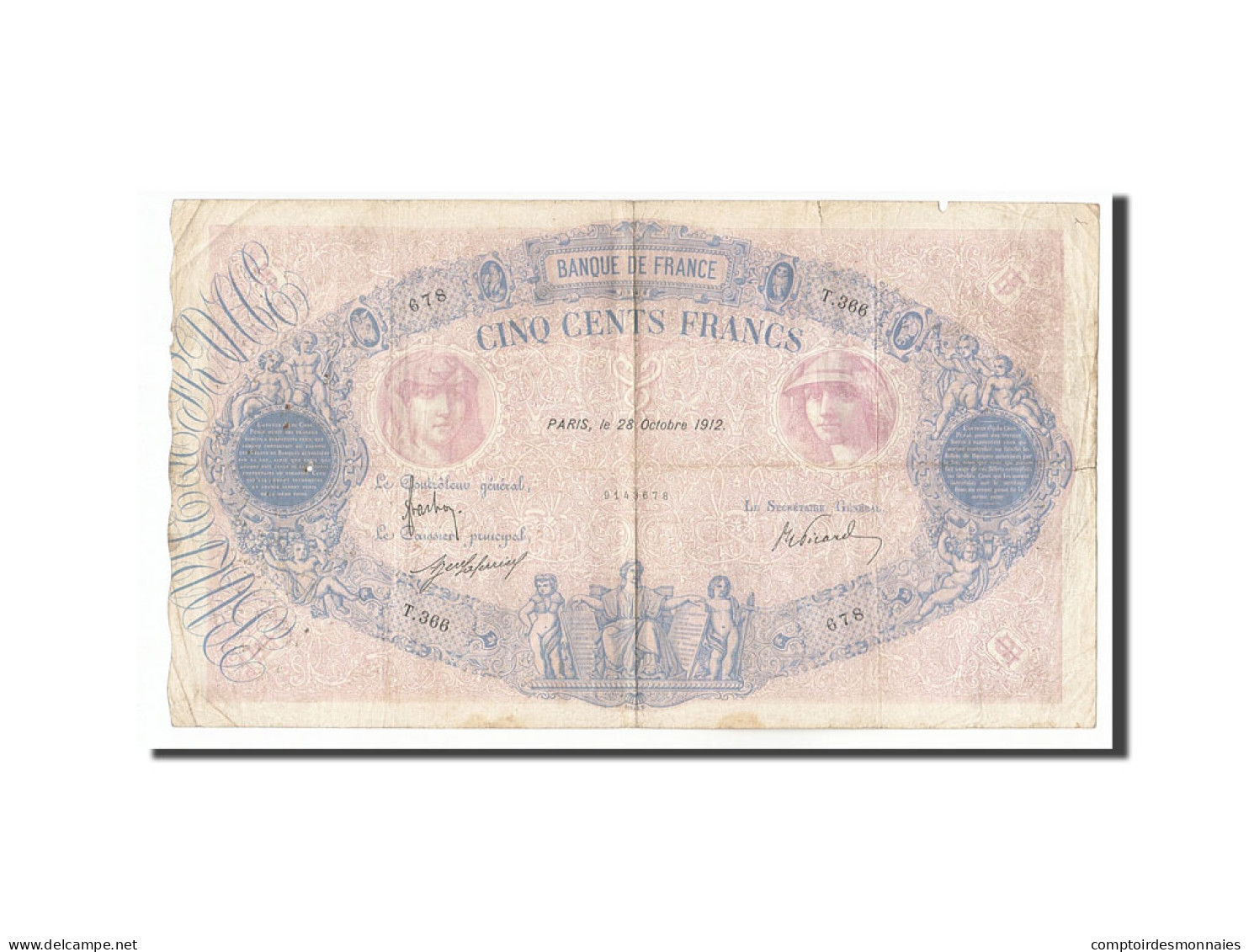 Billet, France, 500 Francs, 1912, 1912-10-28, B+, Fayette:30.20, KM:66g - 500 F 1888-1940 ''Bleu Et Rose''