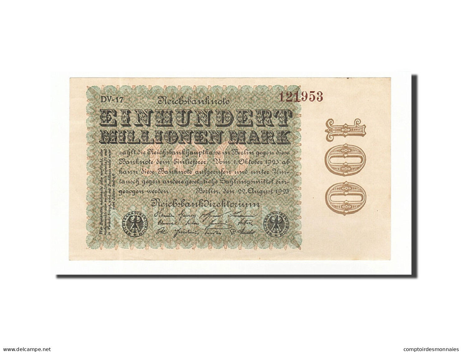 Billet, Allemagne, 100 Millionen Mark, 1923, 1923-08-22, KM:107f, SPL - 100 Mio. Mark