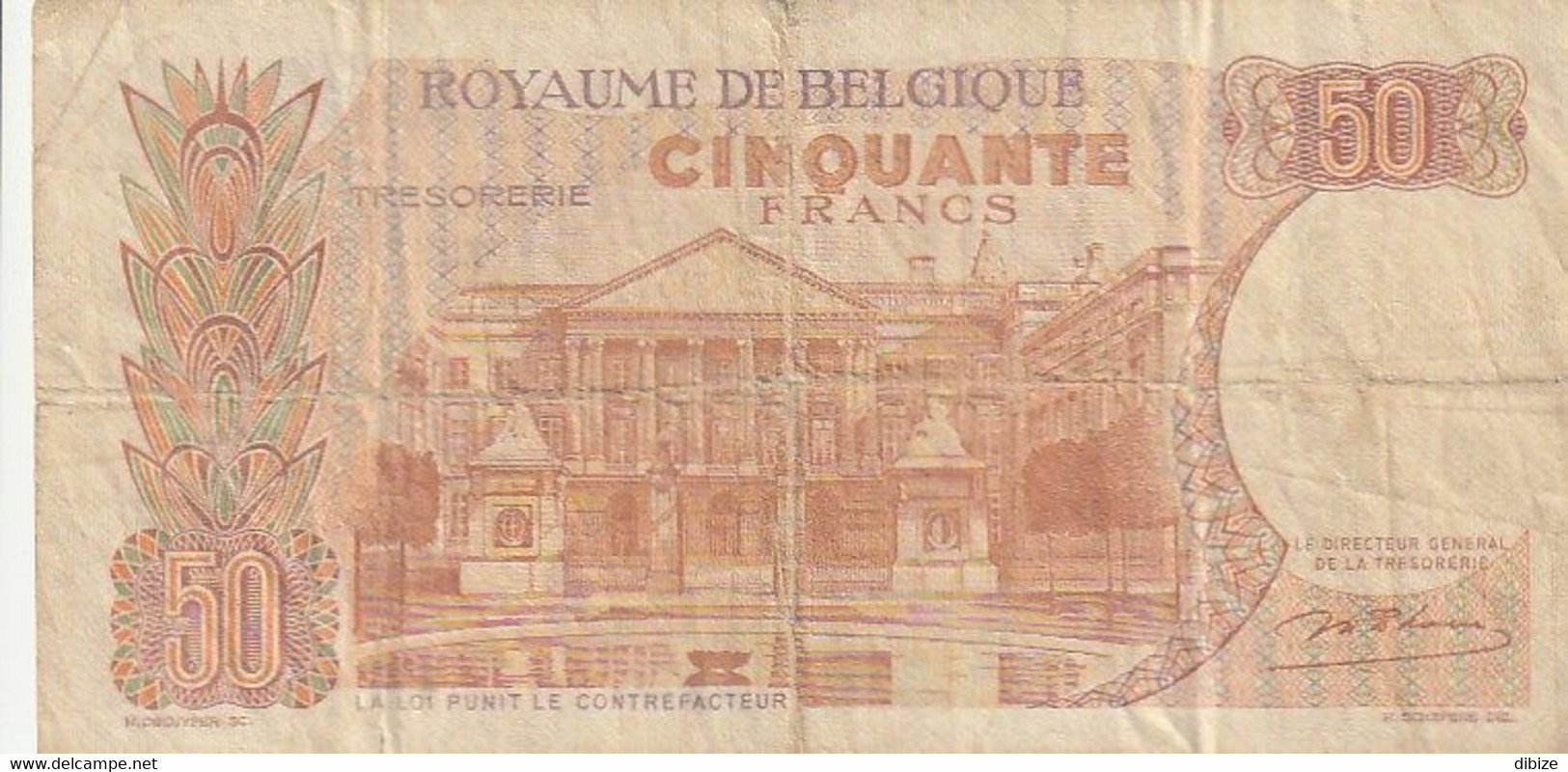 Billet De Banque Usagé. Belgique. 50 Francs. Personnages. Édifice. Etat Moyen. Taches. Petite Déchirure. - 50 Francs