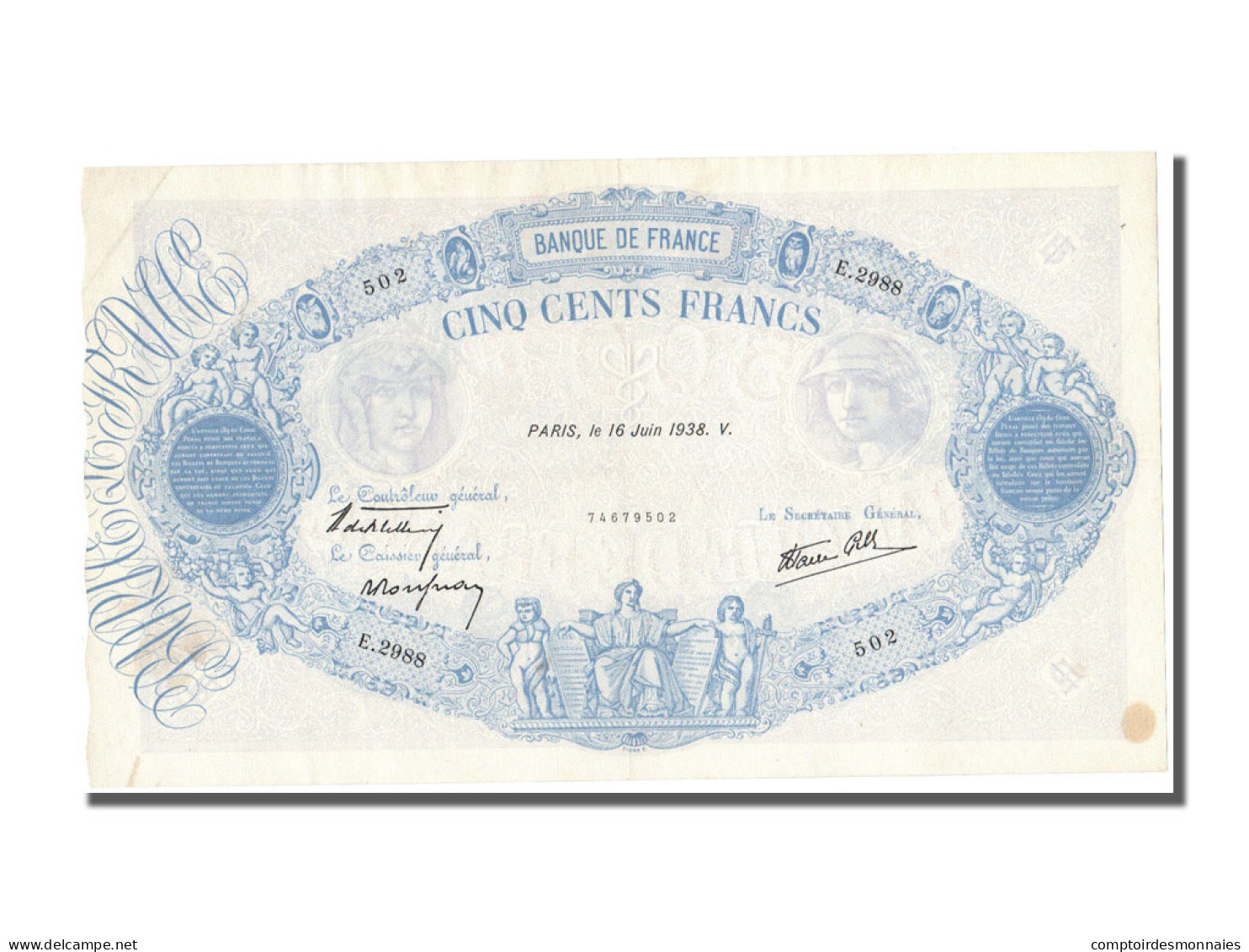 Billet, France, 500 Francs, 500 F 1888-1940 ''Bleu Et Rose'', 1938, 1938-06-16 - 500 F 1888-1940 ''Bleu Et Rose''