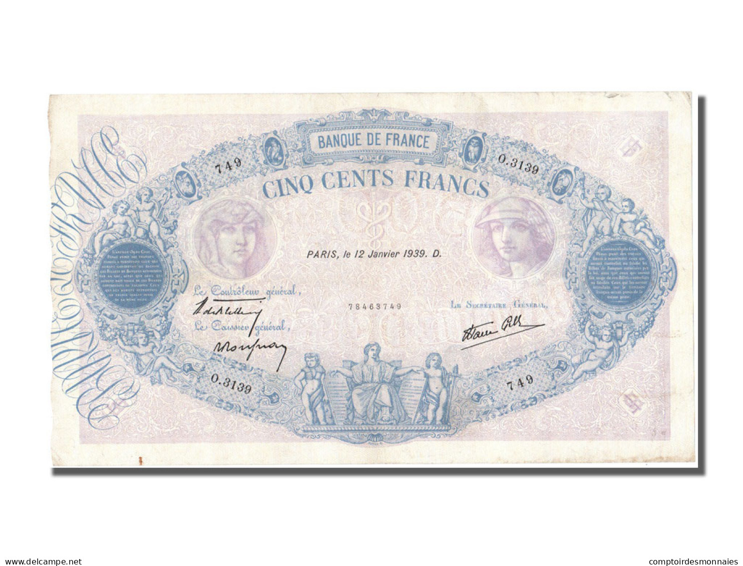 Billet, France, 500 Francs, 500 F 1888-1940 ''Bleu Et Rose'', 1939, 1939-01-12 - 500 F 1888-1940 ''Bleu Et Rose''