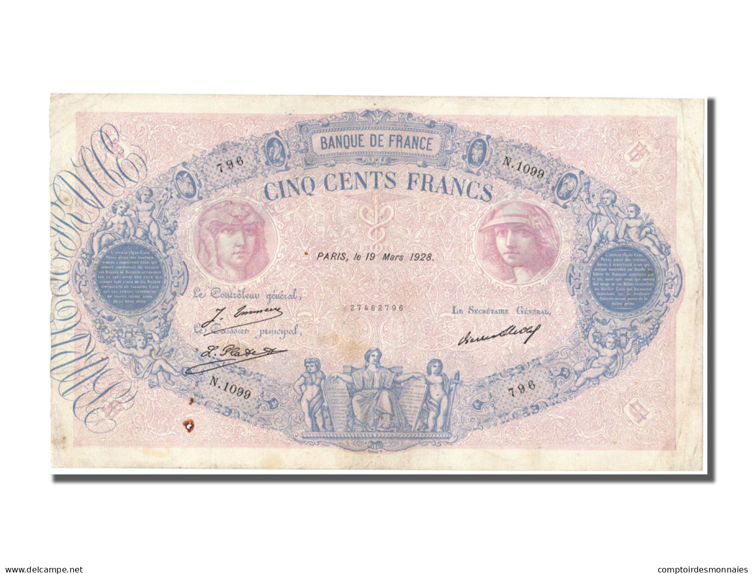 Billet, France, 500 Francs, 500 F 1888-1940 ''Bleu Et Rose'', 1928, 1928-03-19 - 500 F 1888-1940 ''Bleu Et Rose''