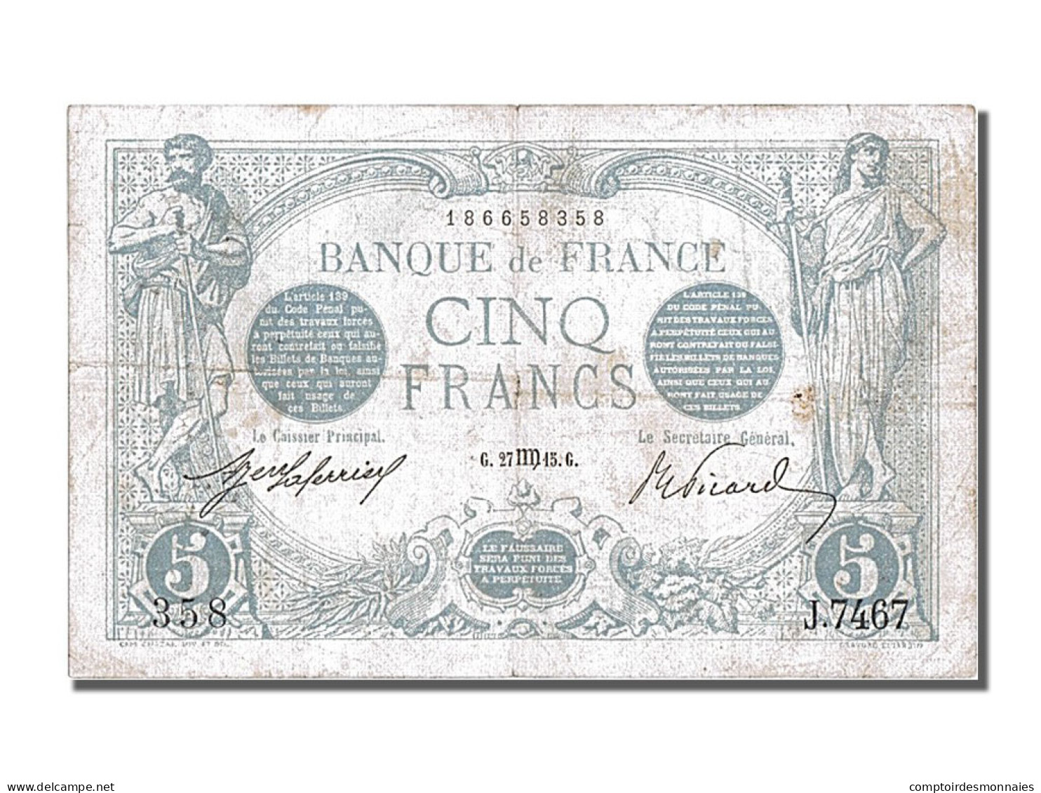 Billet, France, 5 Francs, 5 F 1912-1917 ''Bleu'', 1915, 1915-08-27, TTB - 5 F 1912-1917 ''Bleu''