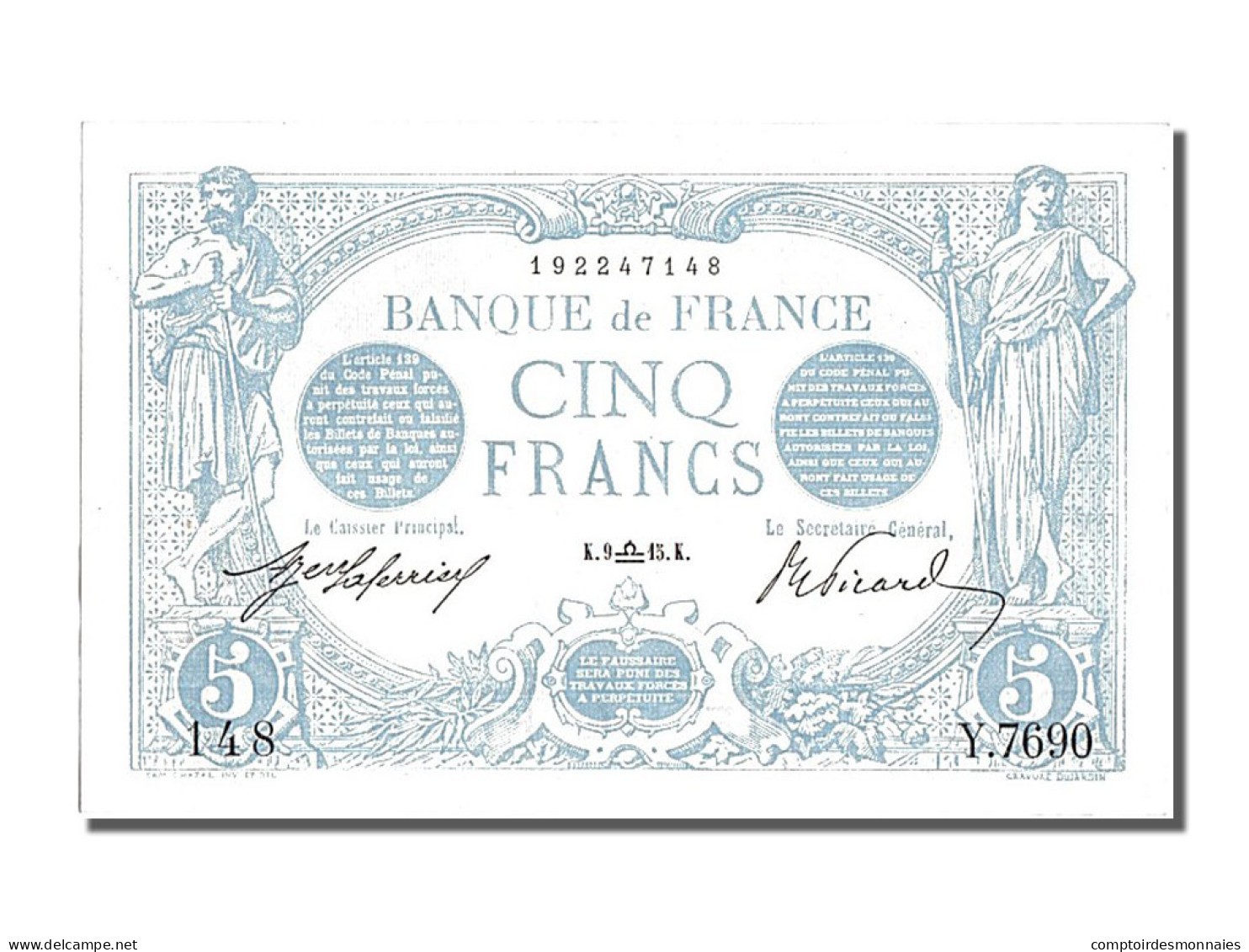 Billet, France, 5 Francs, 5 F 1912-1917 ''Bleu'', 1915, 1915-09-09, SUP+ - 5 F 1912-1917 ''Bleu''