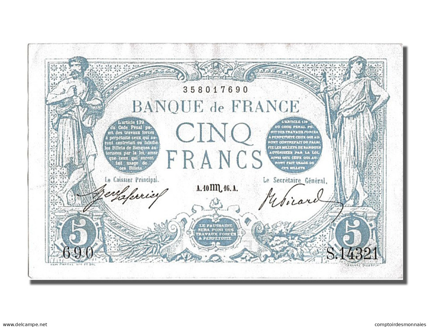 Billet, France, 5 Francs, 5 F 1912-1917 ''Bleu'', 1916, 1916-10-10, SUP+ - 5 F 1912-1917 ''Bleu''