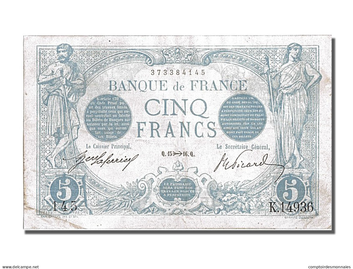 Billet, France, 5 Francs, 5 F 1912-1917 ''Bleu'', 1916, 1916-11-15, TTB - 5 F 1912-1917 ''Bleu''