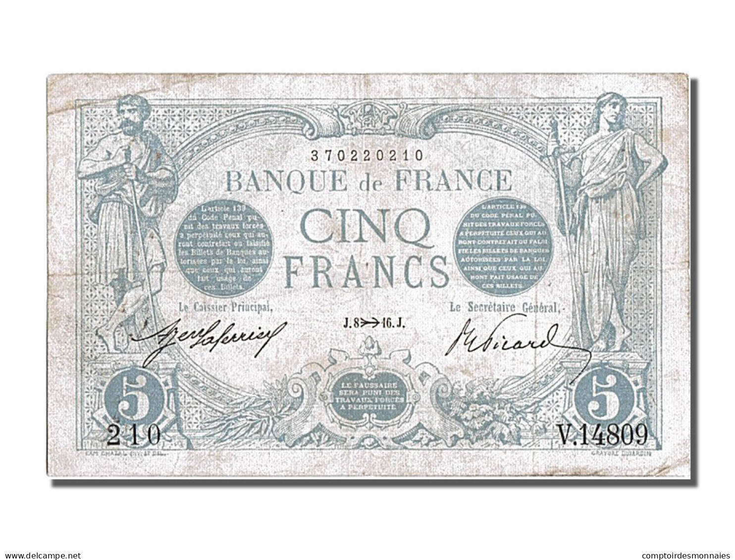 Billet, France, 5 Francs, 5 F 1912-1917 ''Bleu'', 1916, 1916-11-08, TTB - 5 F 1912-1917 ''Bleu''