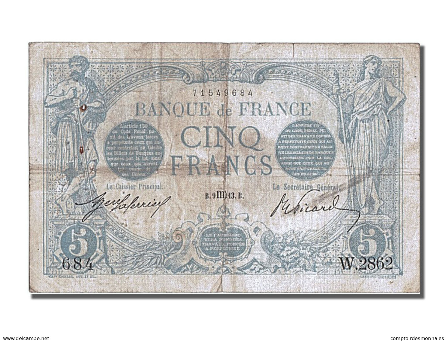 Billet, France, 5 Francs, 5 F 1912-1917 ''Bleu'', 1913, 1913-08-09, TB+ - 5 F 1912-1917 ''Bleu''