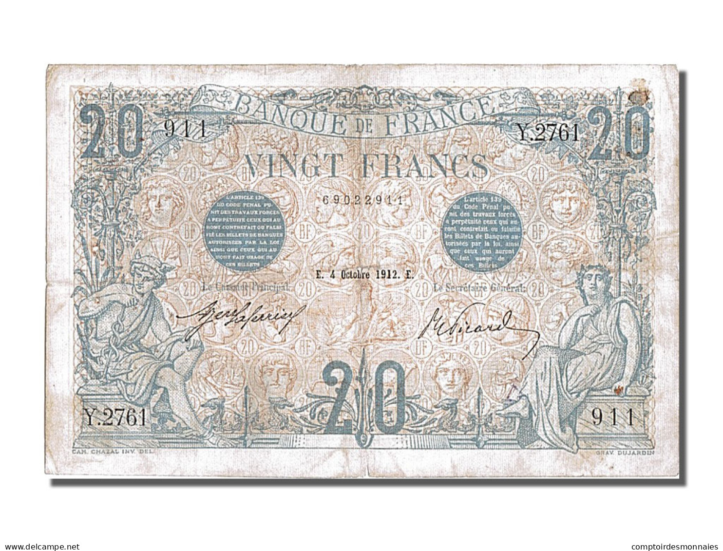 Billet, France, 20 Francs, 20 F 1905-1913 ''Bleu'', 1912, 1912-10-04, TTB+ - 20 F 1905-1913 ''Bleu''