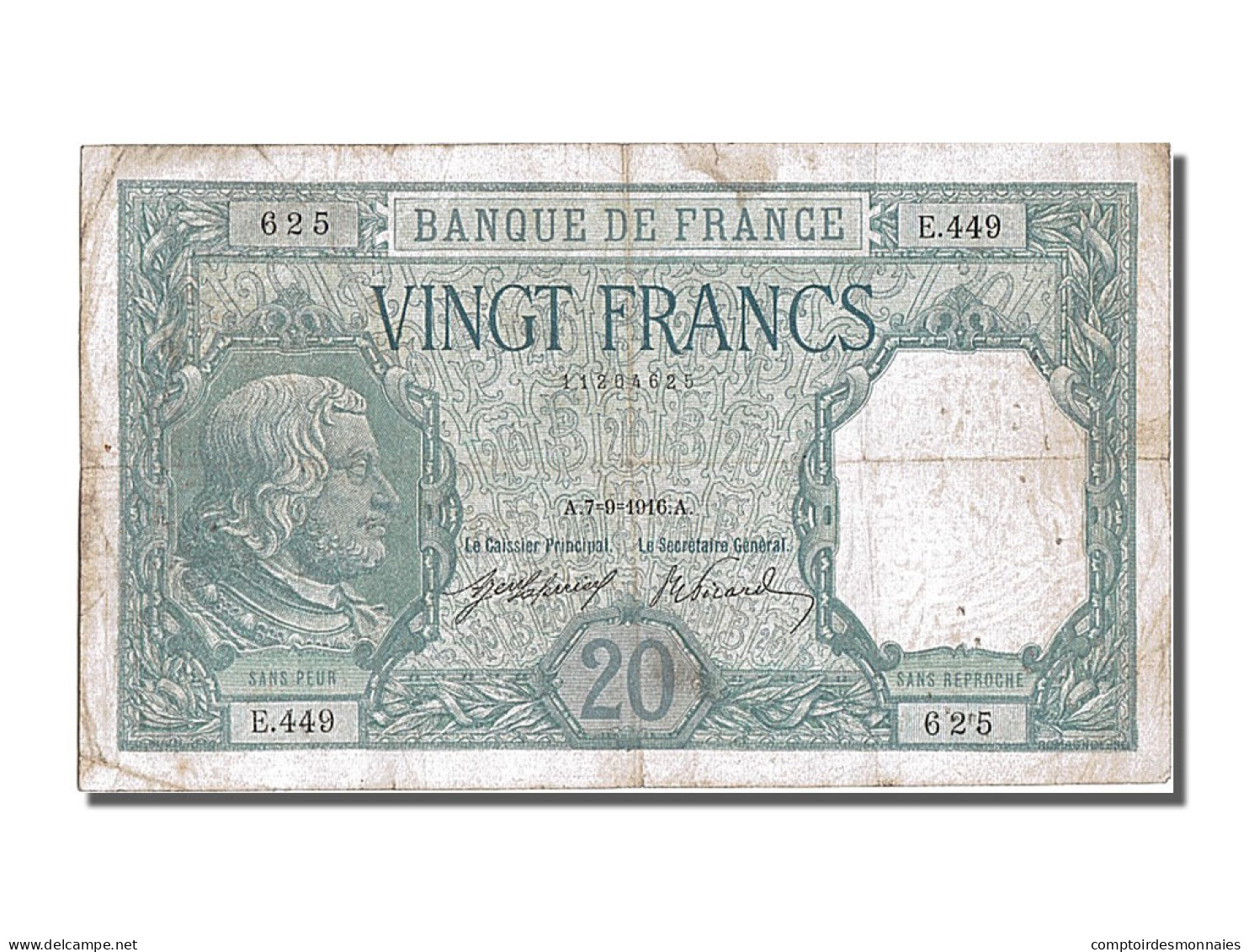 Billet, France, 20 Francs, 20 F 1916-1919 ''Bayard'', 1916, 1916-09-07, TTB - 20 F 1916-1919 ''Bayard''