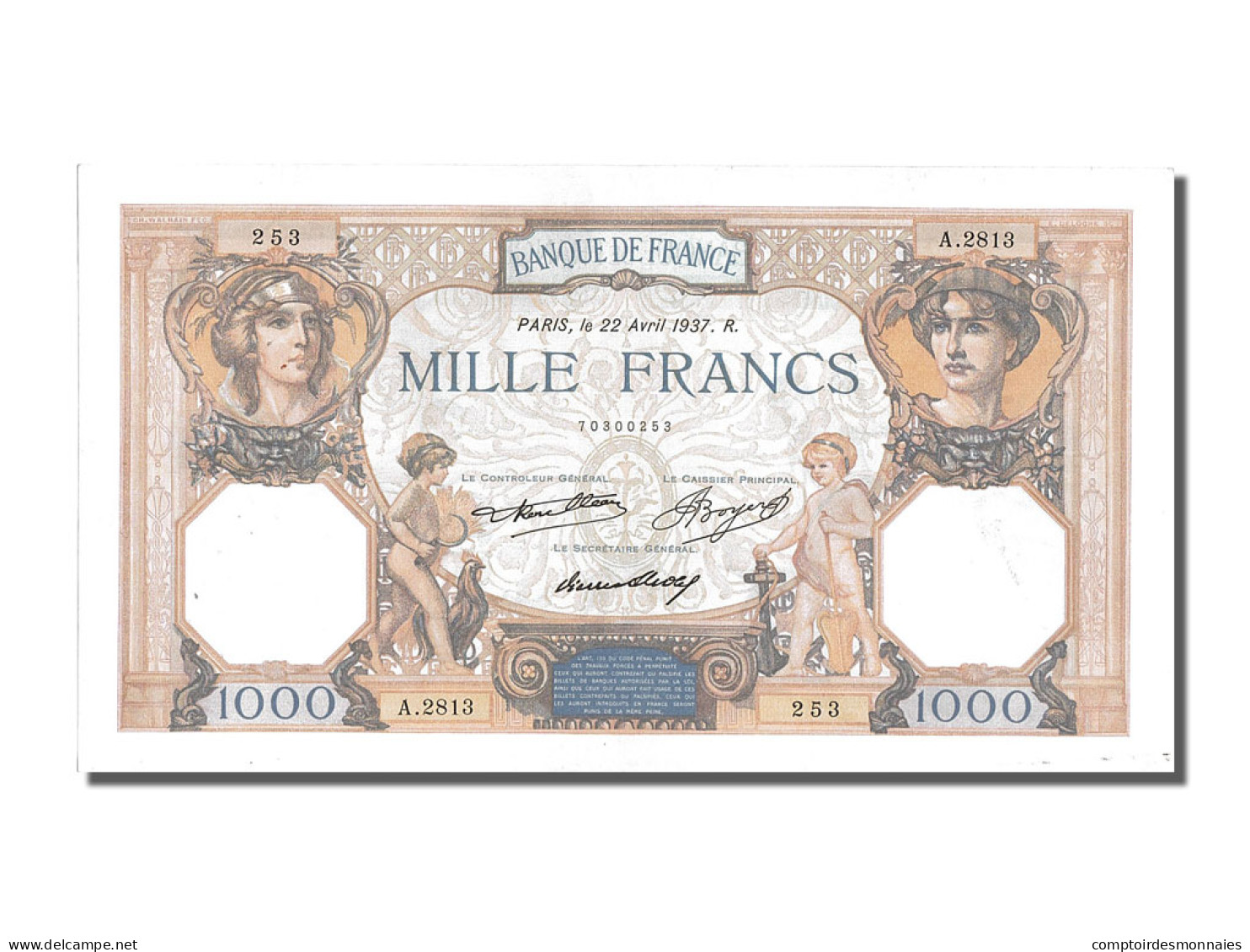 Billet, France, 1000 Francs, 1 000 F 1927-1940 ''Cérès Et Mercure'', 1937 - 1 000 F 1927-1940 ''Cérès Et Mercure''