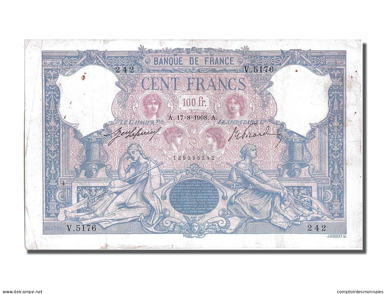 Billet, France, 100 Francs, 100 F 1888-1909 ''Bleu Et Rose'', 1908, 1908-08-17 - 100 F 1888-1909 ''Bleu Et Rose''