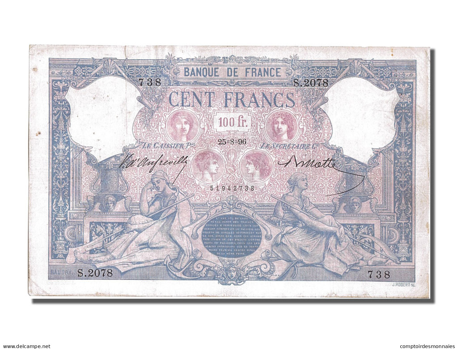 Billet, France, 100 Francs, 100 F 1888-1909 ''Bleu Et Rose'', 1896, 1896-08-25 - 100 F 1888-1909 ''Bleu Et Rose''