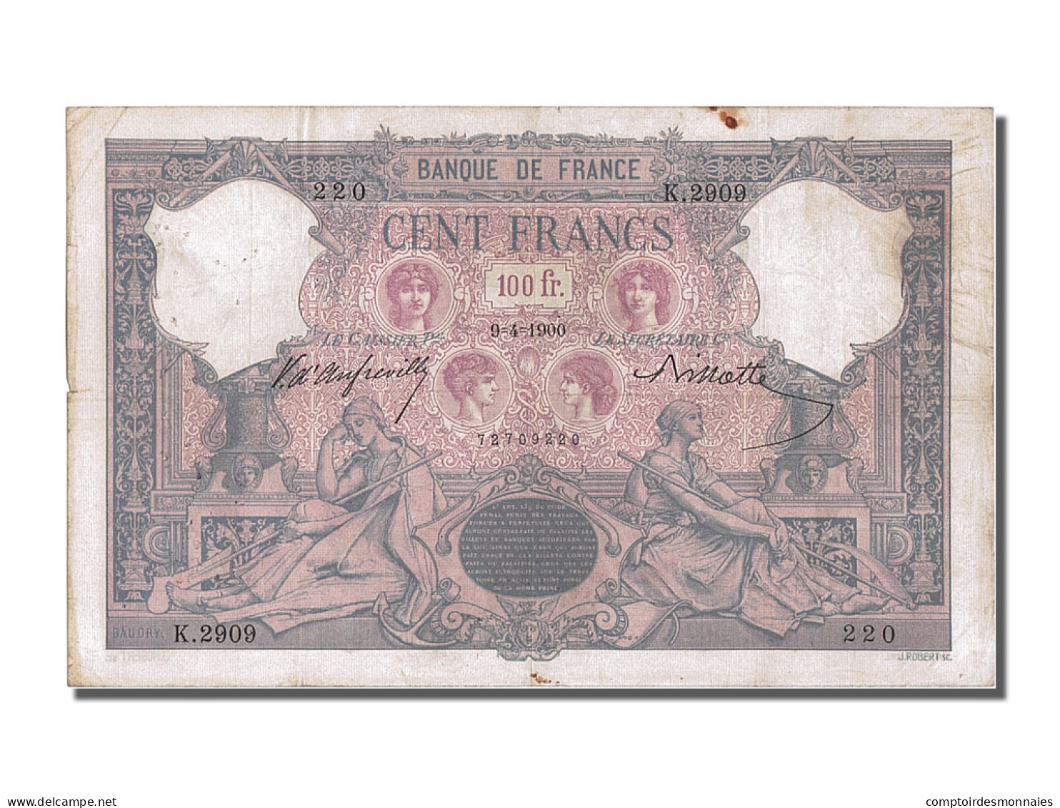 Billet, France, 100 Francs, 100 F 1888-1909 ''Bleu Et Rose'', 1900, 1900-04-09 - 100 F 1888-1909 ''Bleu Et Rose''