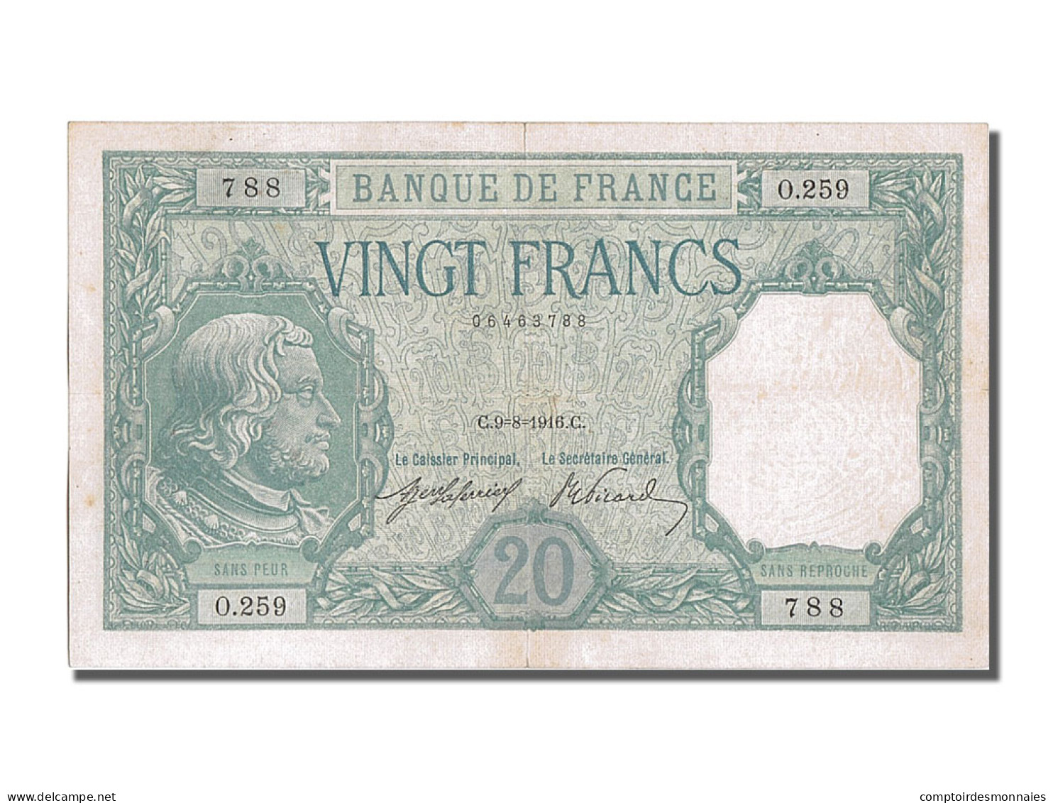 Billet, France, 20 Francs, 20 F 1916-1919 ''Bayard'', 1916, 1916-08-09, TTB+ - 20 F 1916-1919 ''Bayard''