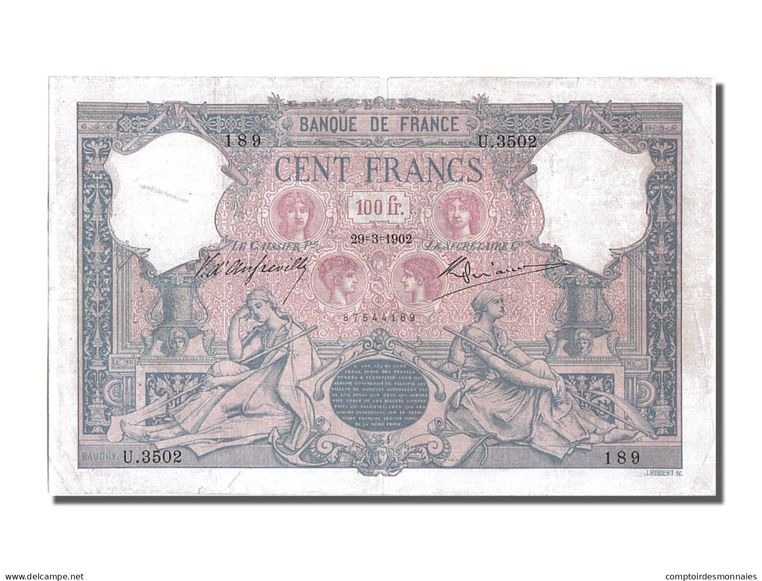 Billet, France, 100 Francs, 100 F 1888-1909 ''Bleu Et Rose'', 1902, 1902-03-29 - 100 F 1888-1909 ''Bleu Et Rose''