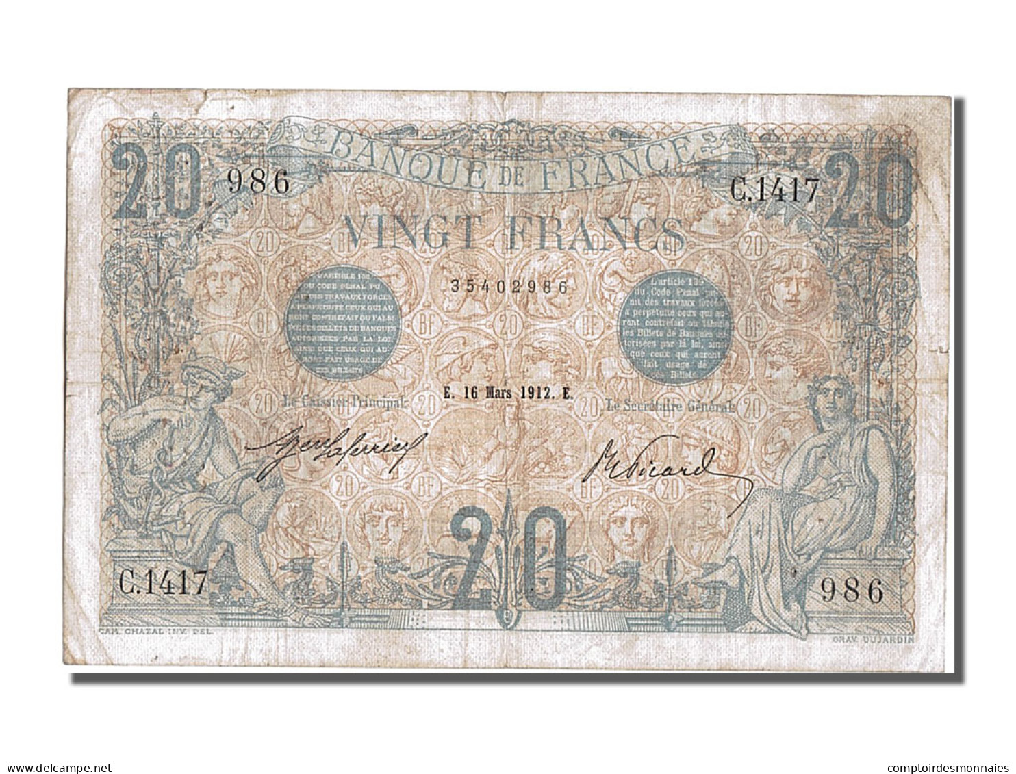 Billet, France, 20 Francs, 20 F 1905-1913 ''Bleu'', 1912, 1912-03-16, TTB - 20 F 1905-1913 ''Bleu''