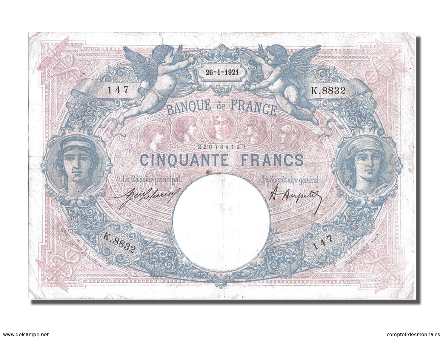 Billet, France, 50 Francs, 50 F 1889-1927 ''Bleu Et Rose'', 1921, 1921-01-26 - 50 F 1889-1927 ''Bleu Et Rose''