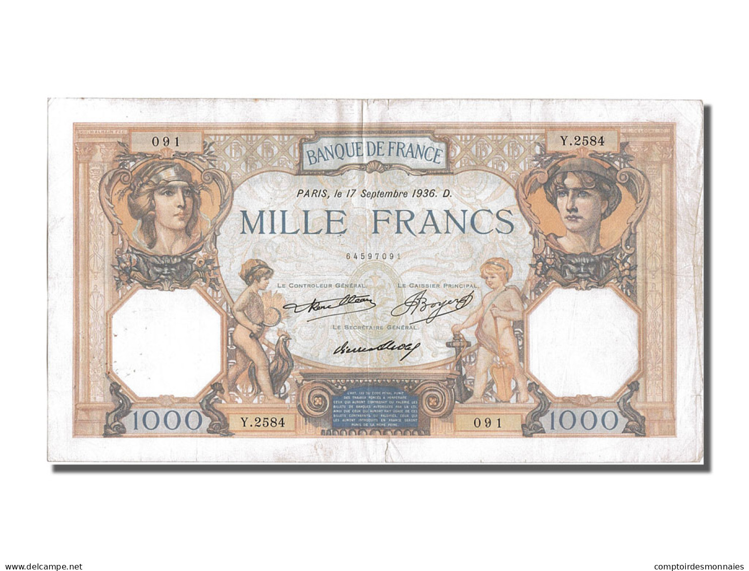 Billet, France, 1000 Francs, 1 000 F 1927-1940 ''Cérès Et Mercure'', 1936 - 1 000 F 1927-1940 ''Cérès E Mercure''