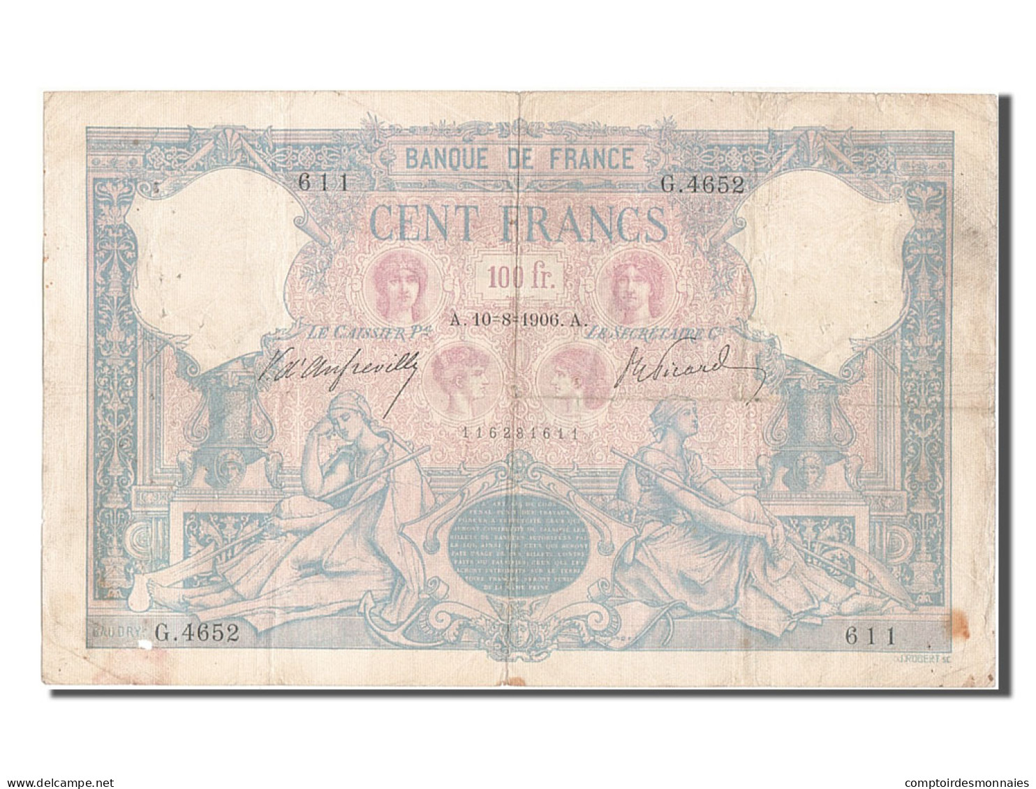 Billet, France, 100 Francs, 100 F 1888-1909 ''Bleu Et Rose'', 1906, 1906-08-10 - 100 F 1888-1909 ''Bleu Et Rose''