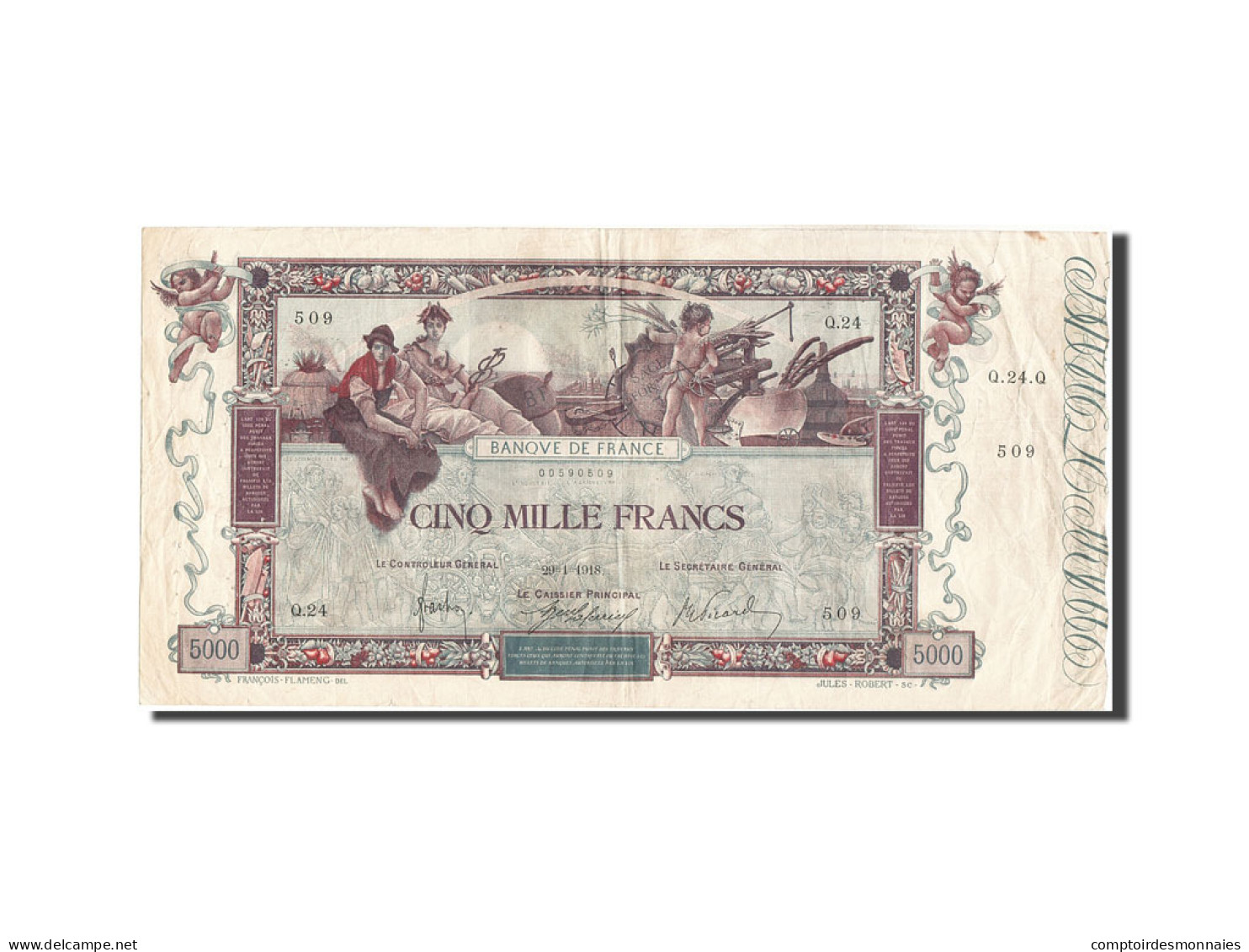 Billet, France, 5000 Francs, 5 000 F 1918 ''Flameng'', 1918, 1918-01-29, TTB - 5 000 F 1918 ''Flameng''