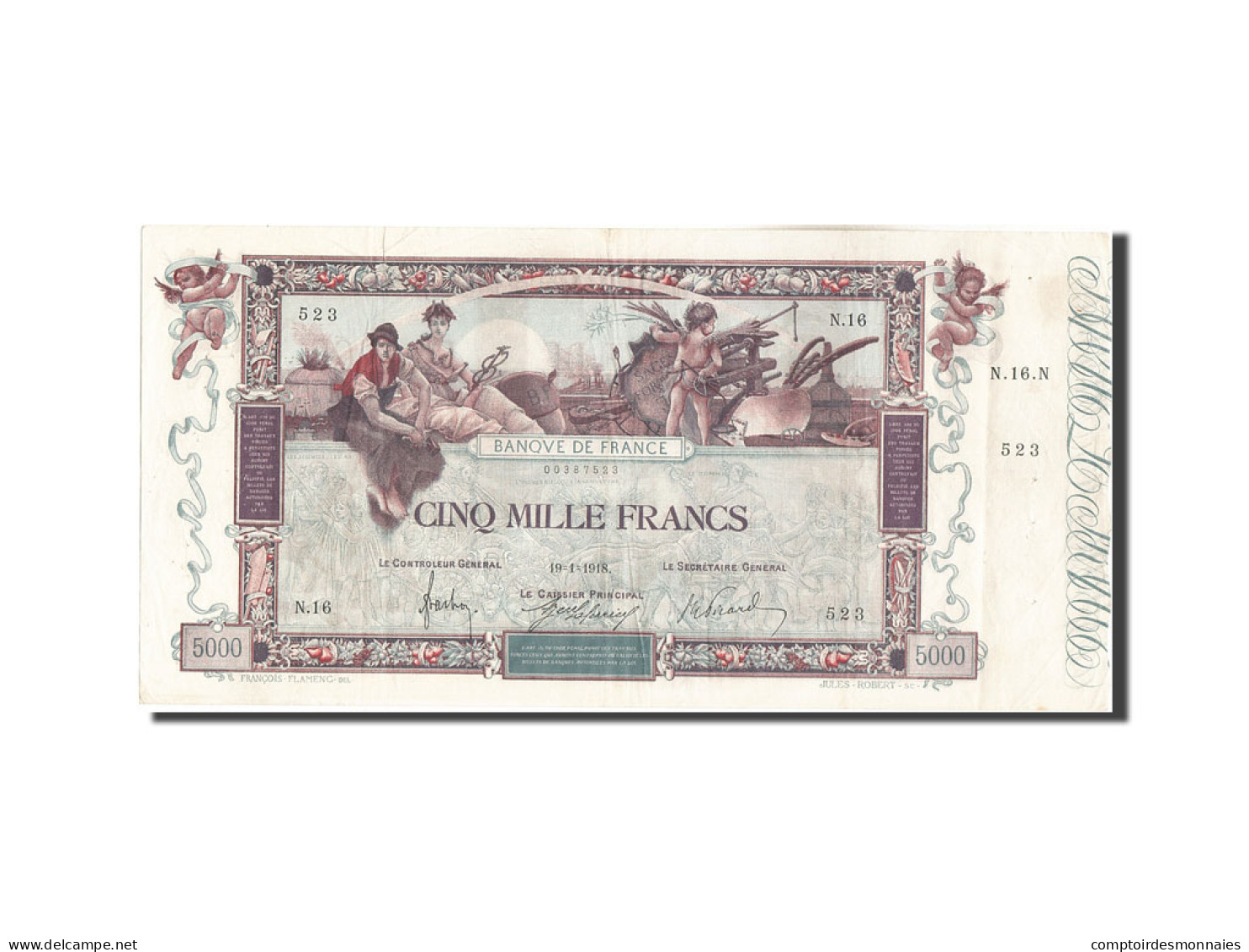 Billet, France, 5000 Francs, 5 000 F 1918 ''Flameng'', 1918, 1918-01-19, TTB - 5 000 F 1918 ''Flameng''