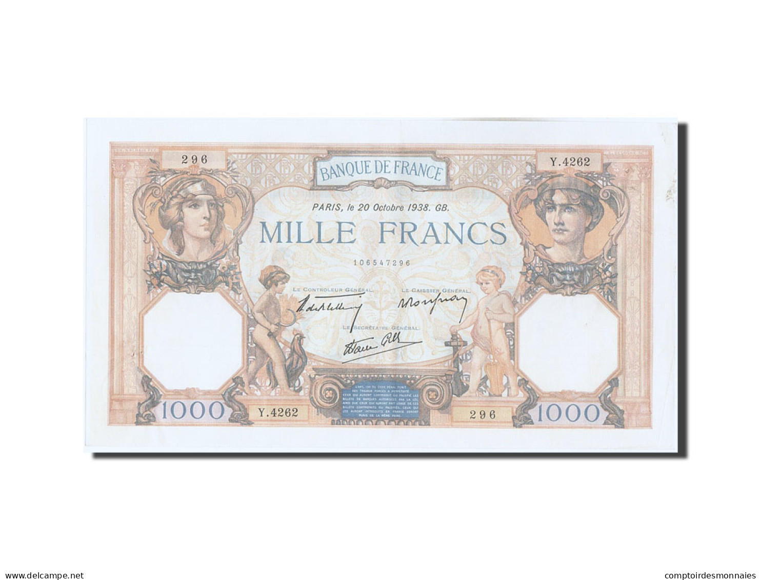 Billet, France, 1000 Francs, 1 000 F 1927-1940 ''Cérès Et Mercure'', 1938 - 1 000 F 1927-1940 ''Cérès Et Mercure''