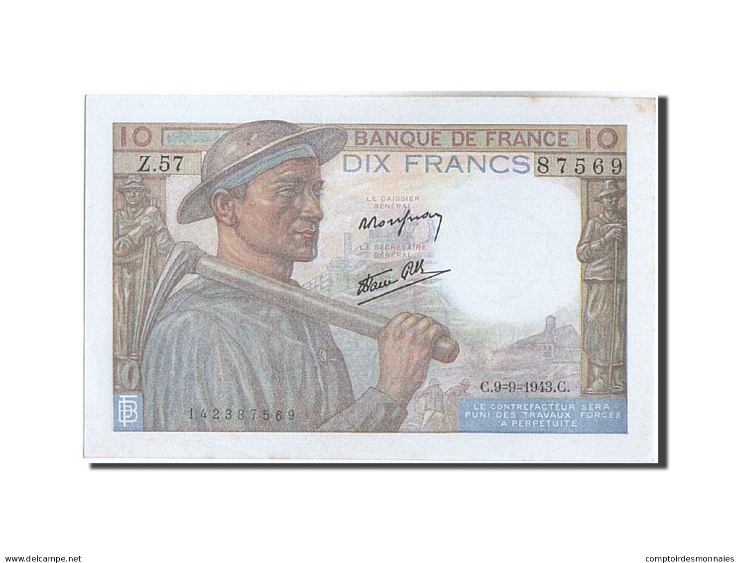 Billet, France, 20 Francs, 10 F 1941-1949 ''Mineur'', 1943, 1943-09-09, SPL - 10 F 1941-1949 ''Mineur''